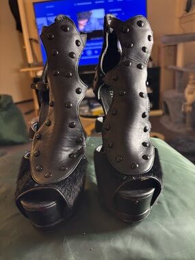 Piper Black Studded Cutout Peep-Toe Platform Heels